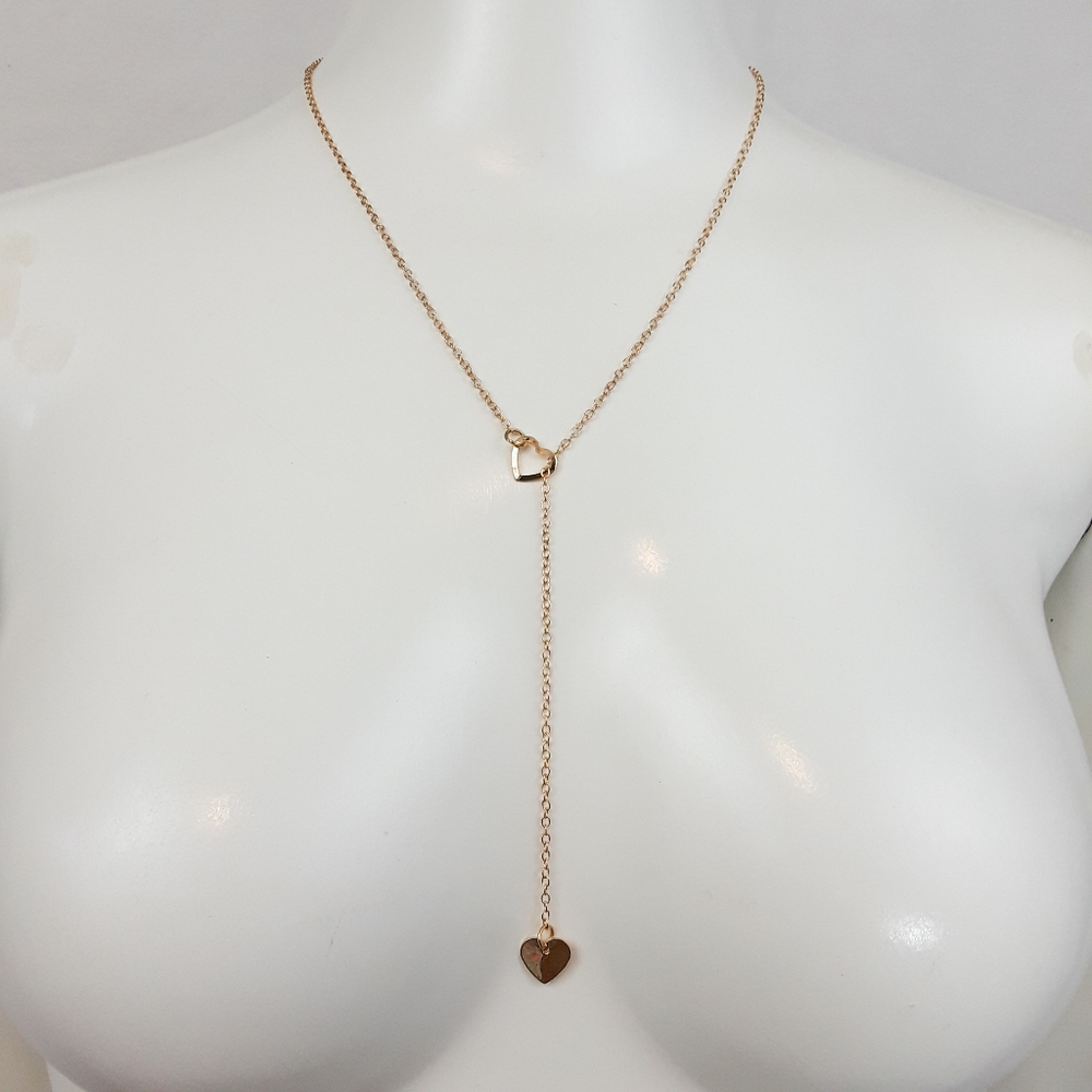 Minimalist Dainty Gold Double Heart Lariat Necklace - Picture 2 of 8
